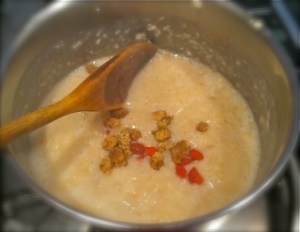 Mulberries and Goji berries are added to porridge in the last 2 minutes of cooking