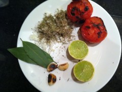 Charred tomato and garlic, oregano, lime, bay leaf
