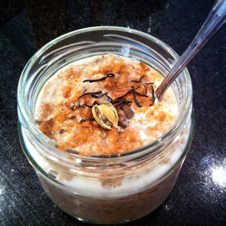 Chai spiced porridge with honey and soy milk. Recipe below