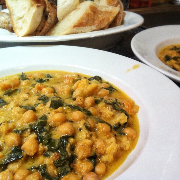 Aromatic chickpea potage with spinach and salt cod